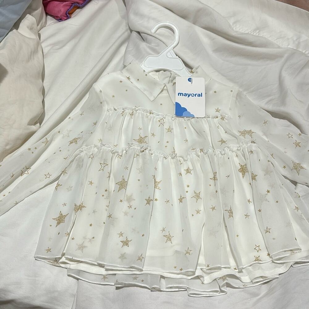 Mayoral 5 white gold stars long sleeve viscose polyester swing top lined nwt